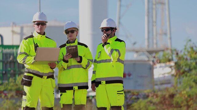 Engineers inspecting industrial plant, Diverse industrial engineering team working at a petrochemical plant site, Oil and gas industry workers in safety gear and hardhat inspecting plant outdoors