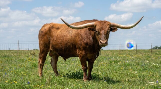 Majestic Texas Longhorn Bull Standing Proudly in a Grassy Field Under a Blue Sky.