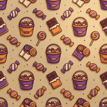 Repeating seamless pattern with purple orange candy buckets and chocolate bars for festive halloween treat background.
