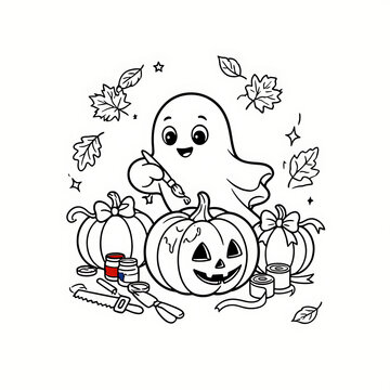 Adorable ghost holding a paintbrush beside carved jack-o-lanterns in a simple Halloween line art coloring sheet for toddlers created with generative ai.
