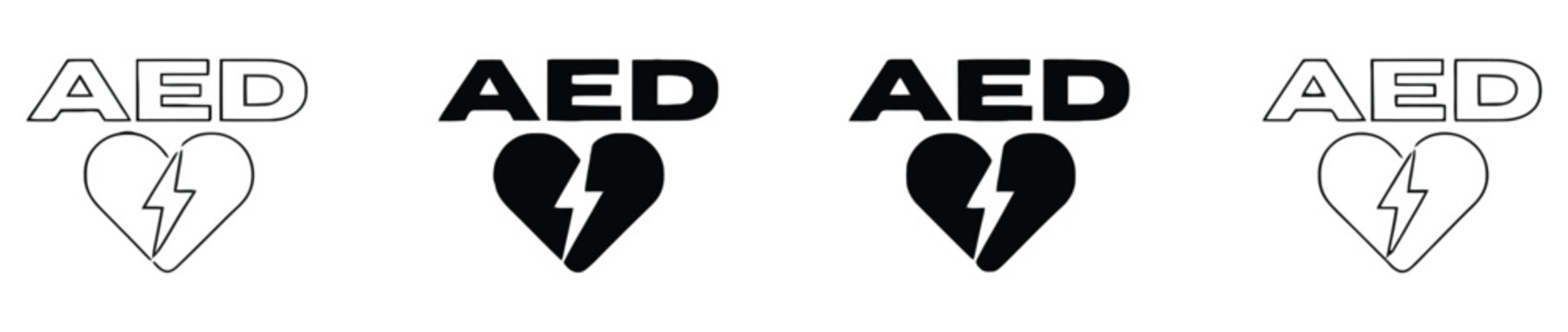 AED heart icons with lightning symbols set for emergency medical defibrillator signage and safety design, featuring automated external defibrillator symbols for cardiac emergency response, first aid