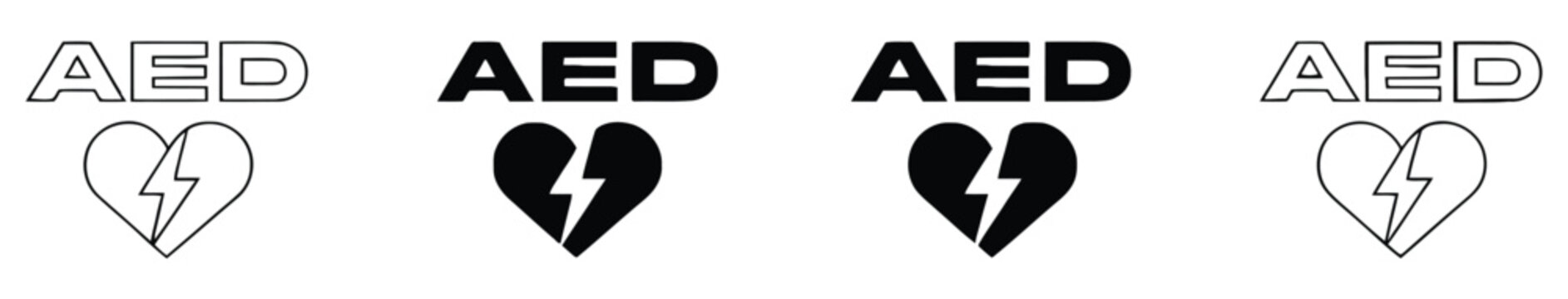 AED heart icons with lightning symbols set for emergency medical defibrillator signage and safety design, featuring automated external defibrillator symbols for cardiac emergency response, first aid