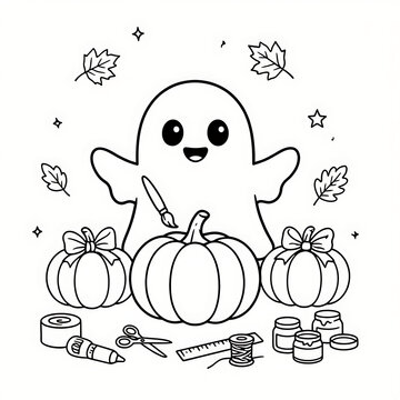 Charming ghost with arms spread crafting pumpkins using scissors and ruler in a clean black and white Halloween coloring page created with generative ai. 
