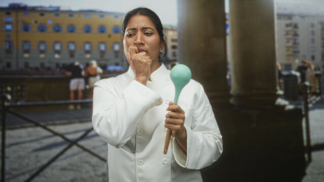 Woman chef in white jacket holding green ladle with finger to lips on city street by stone column and plaza; contemplation.