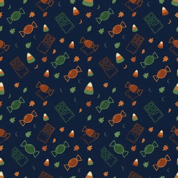 Simple Halloween candy pattern with chocolate bars candy corn and autumn leaves on navy blue background for crafts.
