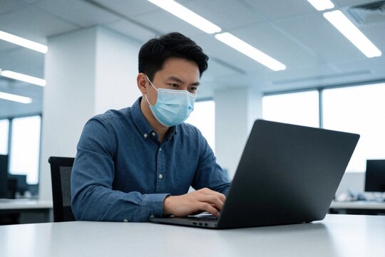 Asian man wears face mask works on laptop in modern office. He types on computer keyboard, focused on task. Business professional uses tech for remote work during pandemic.