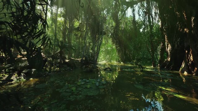 green tunnel cypress corridor for wildlife with dense overstory and reflective channel, layered roots and vegetation forming natural pathway, biodiverse habitat