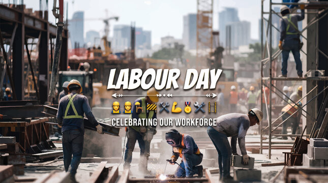 Labour Day banner with construction workers on site isolated on White Background. Illustrations