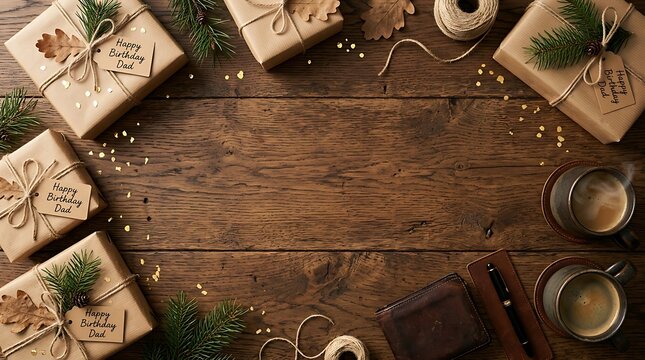 Wrapped birthday gifts for father arranged on a rustic wooden table with cups of coffee and gold festive confetti sparkles