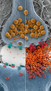Dopaminergic synapse comparison, normal neurotransmitter reuptake versus cocaine blockade of transporter protein, massive dopamine accumulation inside synaptic cleft, microscopic medical view.