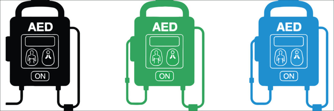 Automated external defibrillator AED device with heart shock pads vector icon set design featuring emergency cardiac care symbols, lifesaving equipment, defibrillation signs, and healthcare safety