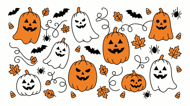 Doodle Halloween Collection Featuring Cute Jack-o-Lantern Pumpkins Ghosts Bats Spiders and Autumn Leaves Patterns