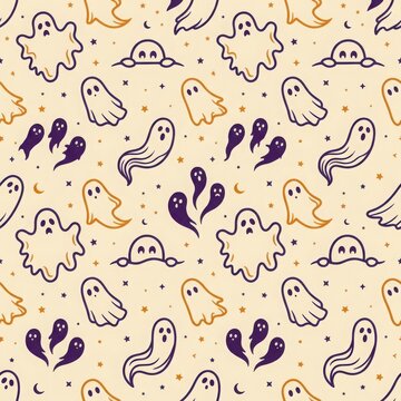 Spooky ghost pattern with purple and yellow figures plus little stars on cream backdrop for fun festive holiday designs.