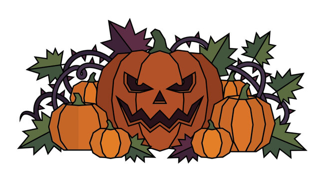 Decorative Halloween Jack O Lantern Pumpkin Arrangement with Autumnal Foliage and Dark Spooky Vines for Seasonal Holiday Graphic Design