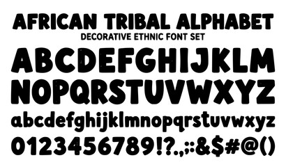 Obraz premium African Tribal Alphabet Decorative Ethnic Font Set Bold Letters Numbers Vector Typeface