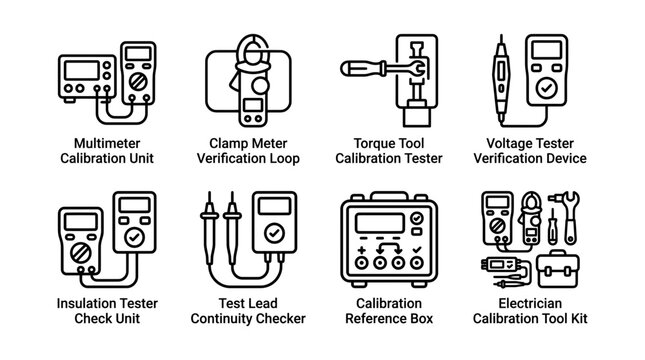 Electrical calibration tools vector set featuring multimeters clamp meters voltage testers and technical diagnostic equipment for industrial maintenance work projects