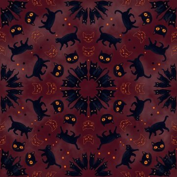 Black cats pattern with glowing orange eyes and stippled silhouettes in dark red tones for spooky seasonal surface design.