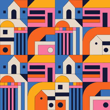 Colorful Bauhaus Style Geometric Cityscape Seamless Pattern