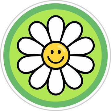 Happy daisy flower graphic sticker featuring smiling yellow face center within bright green circular background design