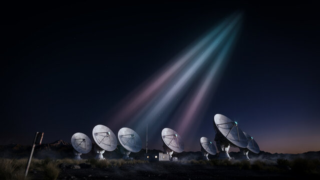 Radio Telescope Array Under Starry Night Sky, Deep Space Observatory Technology Concept
