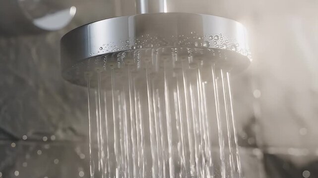 Water running from chrome shower head.
