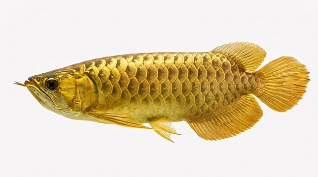 Majestic golden Arowana fish swimming isolated on a plain white background.