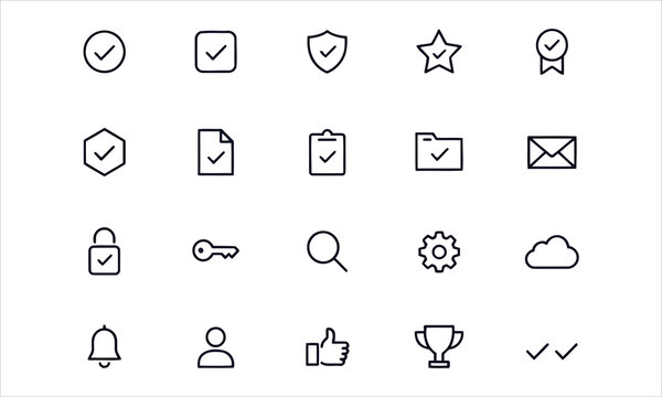 Set outline icons related to checkmark, validation. Linear icon collection. Editable stroke. Vector illustration