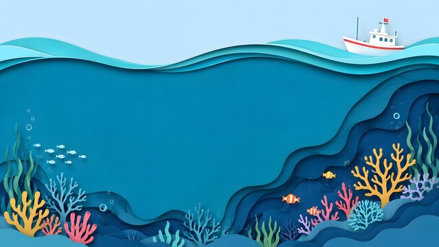 Layered papercraft scene depicts an underwater seascape with a small boat