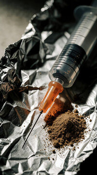 Close up shot of medical syringe, brown powder on crumpled aluminum foil. Illegal drug addiction, heroin use concept. Narcotics substance on silver foil background shows substance abuse, overdose