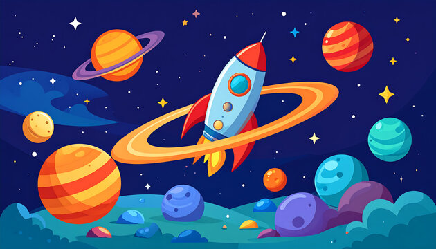 Colorful cartoon rocket ship flying through outer space surrounded by planets and stars