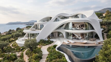 Obraz premium Futuristic organic villa with white curved architecture, luxury seaside mansion with infinity pool, modern coastal estate