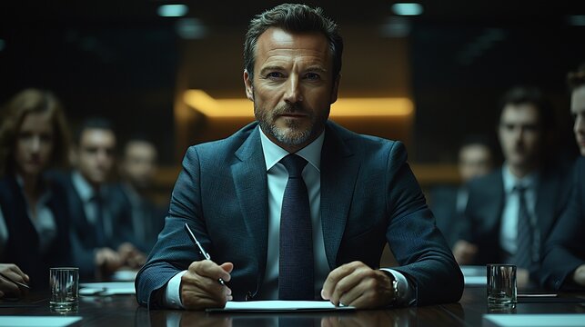 Serious male manager at a conference table in a dark modern boardroom