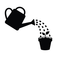 Watering can pouring water onto a potted plant silhouette illustration. Isolated gardening concept on transparent background. © Design lab 234