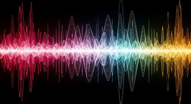 Colorful digital audio sound wave visualization on a solid black background