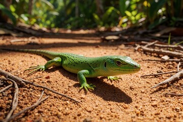Naklejka premium Green lizard crawls on red sand ground in tropical jungle. Small reptile moves through forest floor near dry twigs, roots. Close up macro shot of exotic wildlife on Seychelles island in warm sunlight.