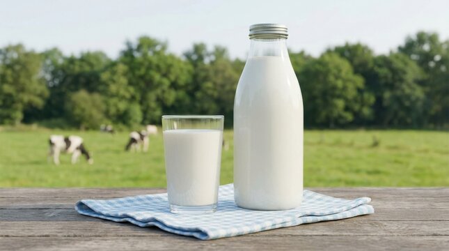 Fresh Milk in Glass Bottle and Cup on Wooden Table with Cows Grazing in Field.