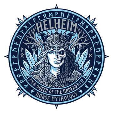 Helheim Queen of the Undead Norse Mythology Graphic Emblem with Half Skull Goddess and Runes.