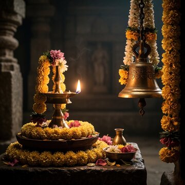 Traditional Hindu Vishu festival setup with golden brass oil lamp Nilavilakku. Yellow Konna flowers decorate ritual scene. Temple bell hangs nearby with jasmine garlands. Sacred atmosphere for Indian