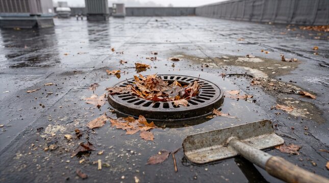 Clogged roof drain with wet autumn leaves