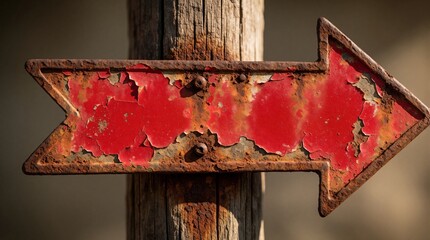 Fototapeta premium Rusty red arrow sign points right on weathered wooden post. Peeling paint, aged metal texture suggests travel, direction, or decision making choice.