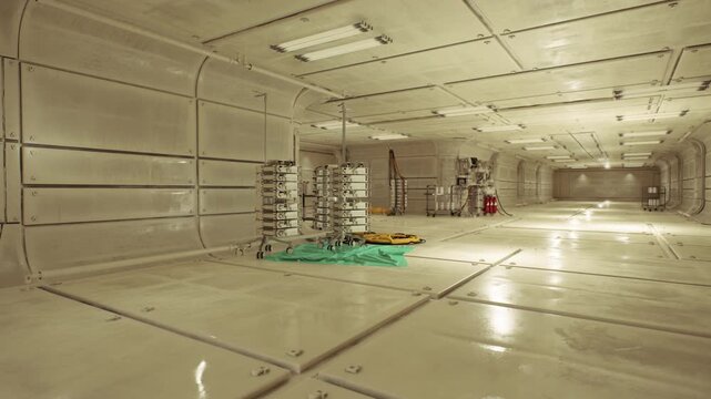 robotics service corner with tool mats and racks, calibration area, spares on trolley, technical repair atmosphere with soft industrial light