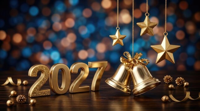 Winter calendar transition: Happy celebration, golden Year, star ornament, metallic bell, glitter background, wooden table, sparkle light, pine cone, holiday season, New era, numeral 2027.