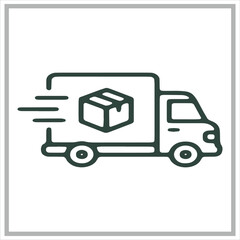 Fototapeta premium Fast delivery truck icon with a cardboard package box symbol showing express shipping service for logistics and online shopping businesses in a simple line style