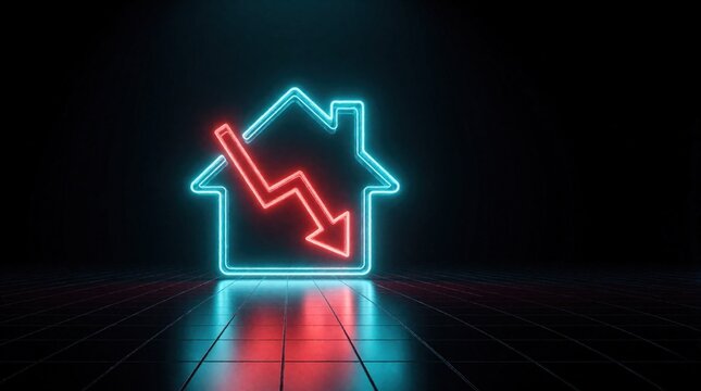 Neon house icon with downward red arrow shows property value drop. Real estate market slump. Economic crisis and housing bubble crash. Negative finance trend.