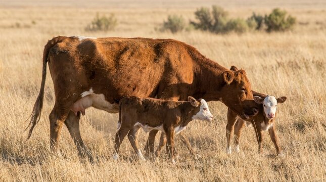 Brown cow with two calves grazing in a dry grassy field.