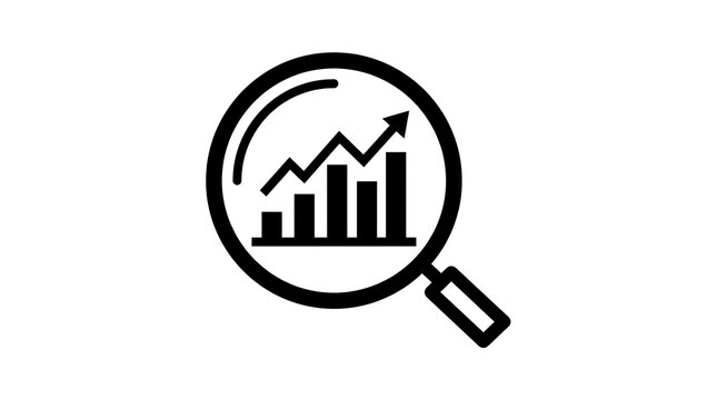 Magnifying glass examining upward trending bar graph and line chart for business growth analysis