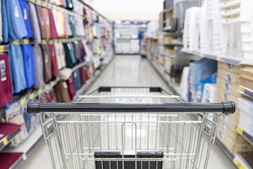 Empty shopping cart standing in the middle of a supermarket aisle with shelves shopping supermarket © mrzn