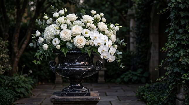 Flower urn in dark metal filled with white orchids and roses