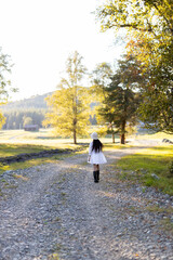 Fototapeta premium A young woman strolls down a gravel path surrounded by vibrant trees as the golden sunlight filters through leaves. The serene landscape invites peace and reflection.