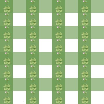 Seamless green floral pattern with four leaf clovers and pink flowers on a checkered background